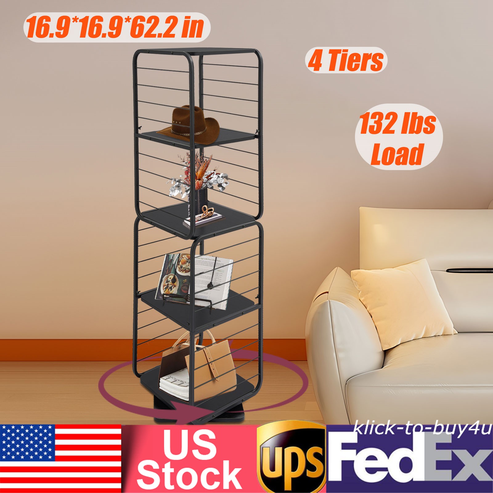 4-Tier Bookshelf 360° Rotating Bookshelf Bookshelf for Bedroom Living Room