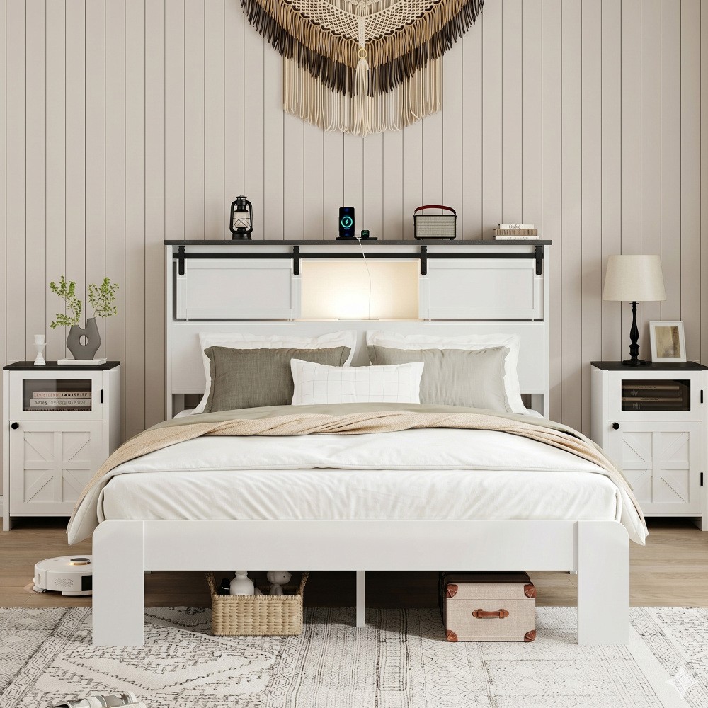 King size bed, metal bed frame with charging station, no need for box spring