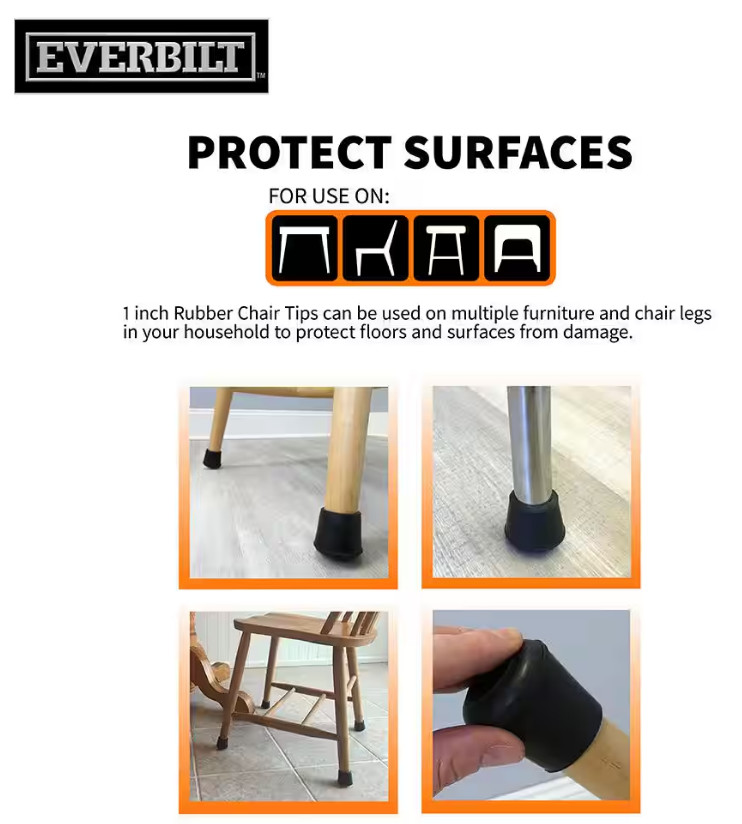 4PK EVERBILT Anti-Skid 1 in. Rubber Leg Tips Caps Table Chair Floor Protection