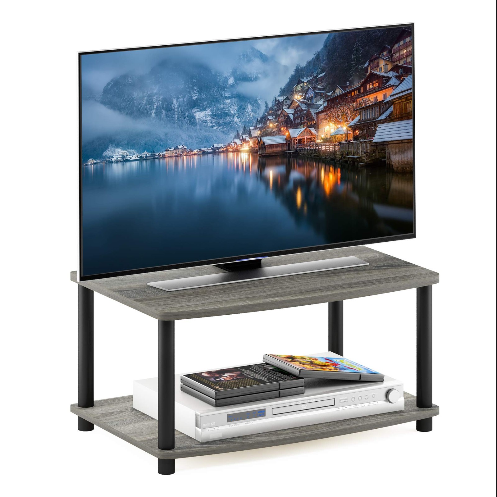 FURINNO TURN-N-TUBE TV RISER STAND 2-TIER SMALL ELEVATED NO TOOLS TV – OAK GRAY