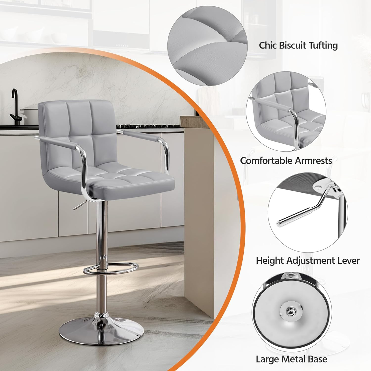 Bar Stools Set of 2, PU Leather Adjustable Swivel Barstools, Hydraulic Kitchen C