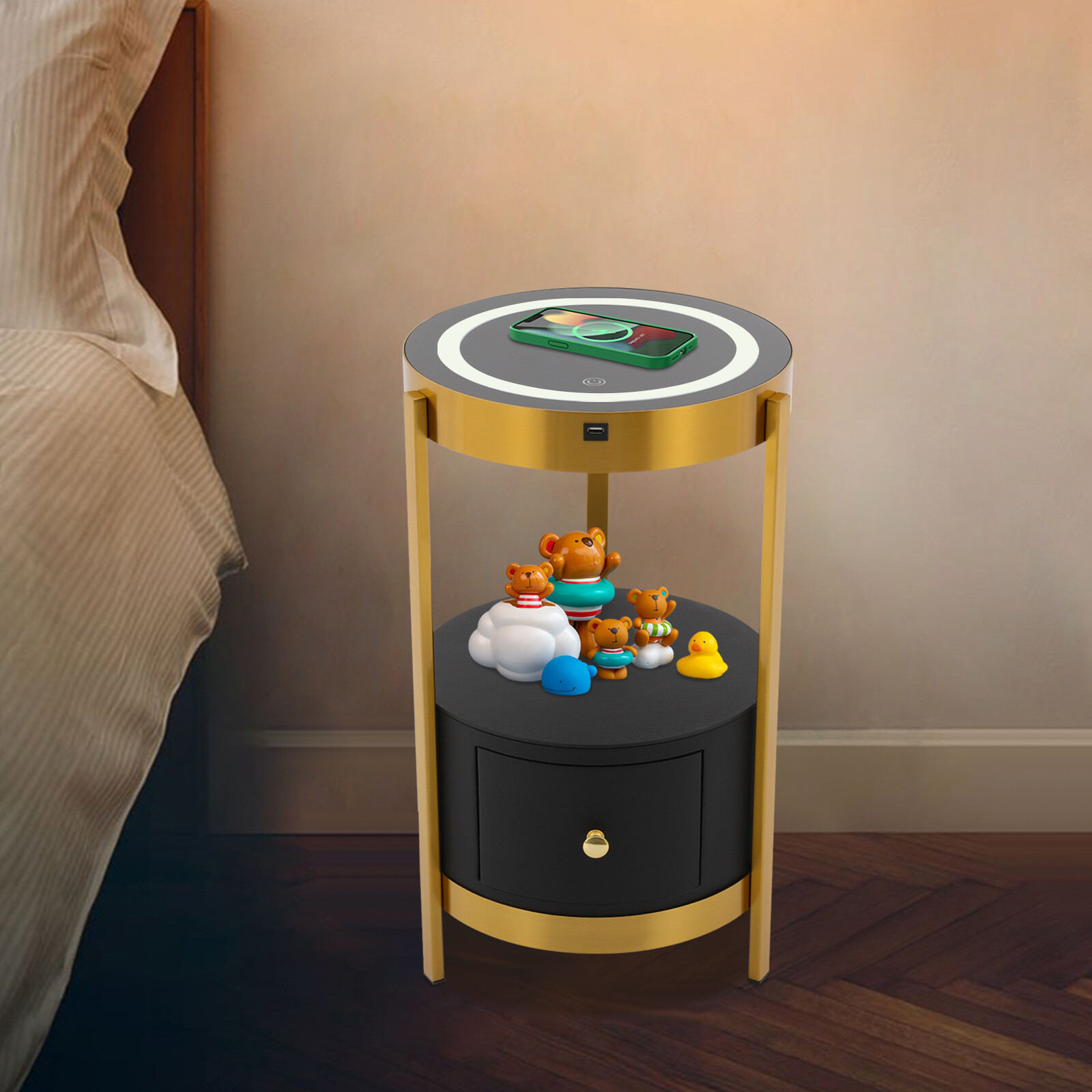 Smart Led Bedside Table Nightstand Sofa Round End Table with Drawer Bedroom 110V