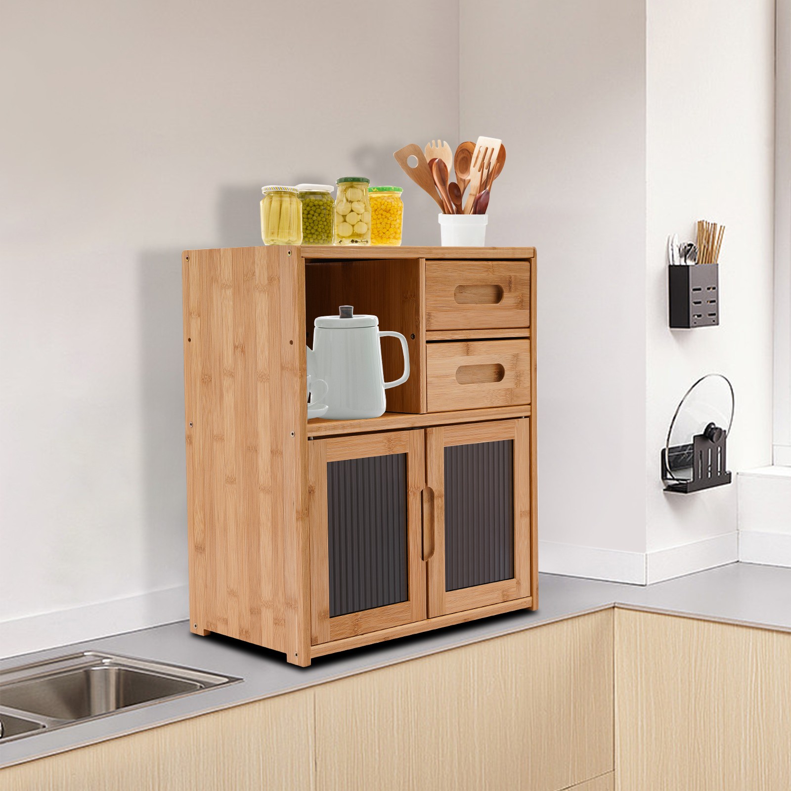 18.9in Tall Kitchen Pantry Sideboard Bamboo Kitchen Storage Cabinet with Drawer