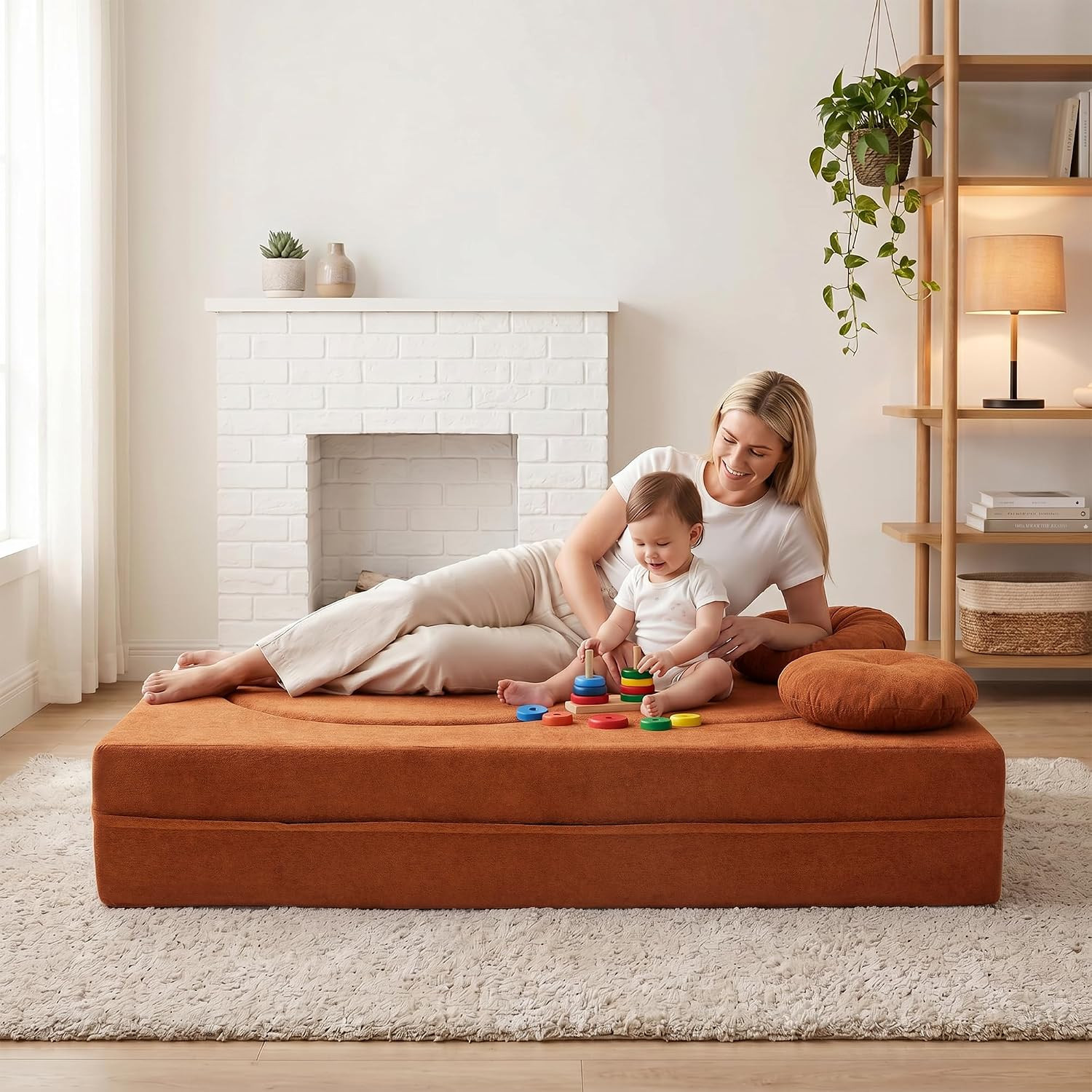 75.5″ Orange Futon Sofa Bed with Pillows – No Assembly, Convertible Loveseat