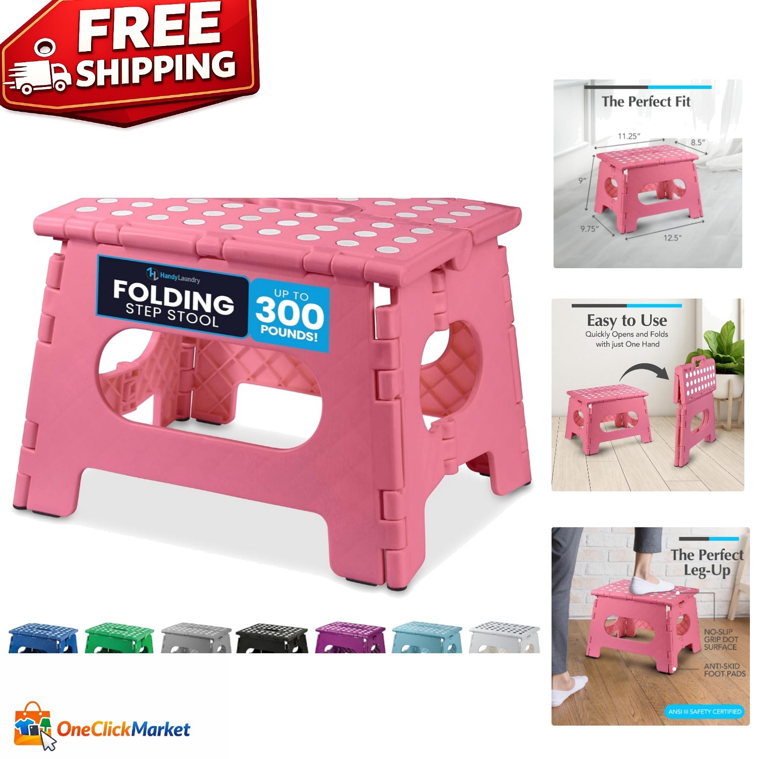Durable Pink Step Stool – 9 Inch, Easy One Flip Fold Design – Ideal for Any Room