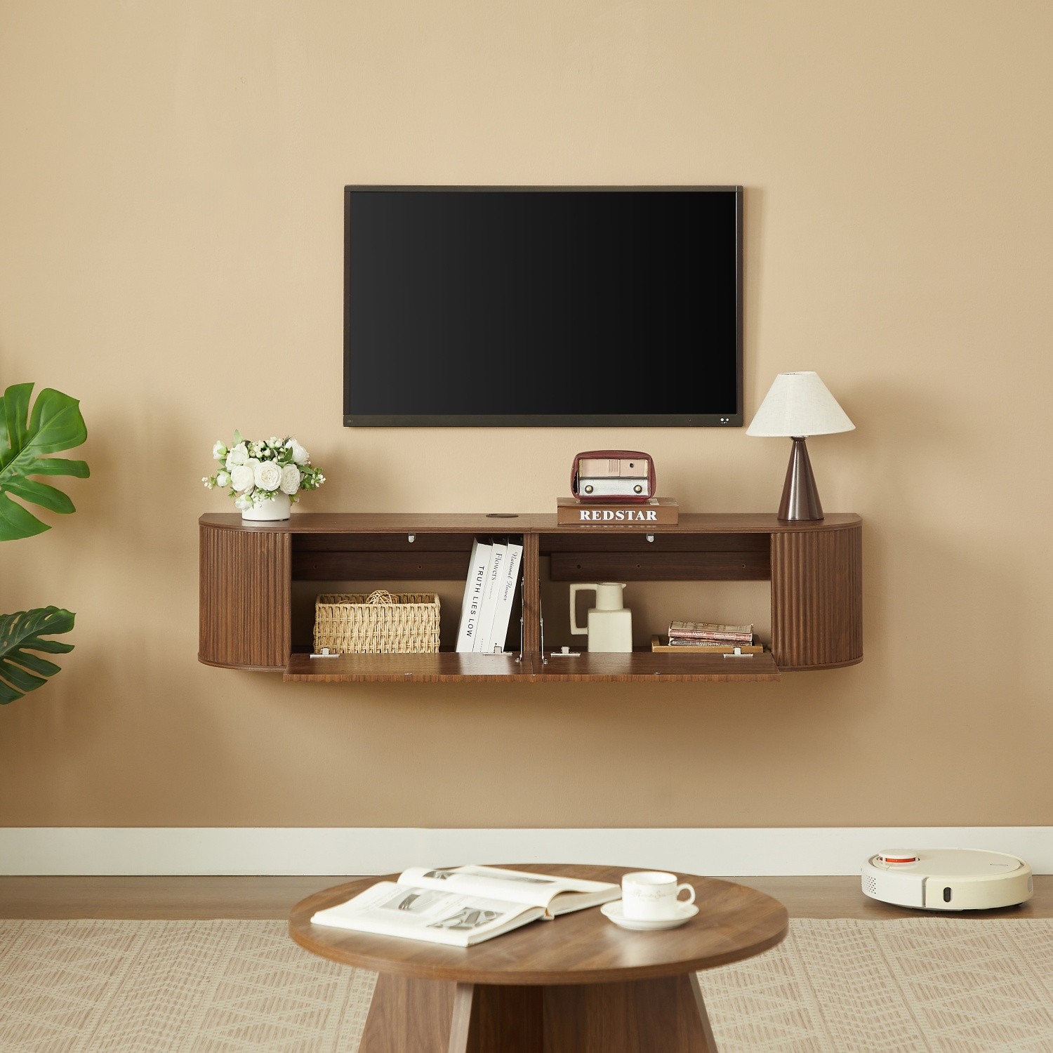 Floating Wall Mounted TV Stand Wood Fluted Cabinet Media Console for 65″ TVs