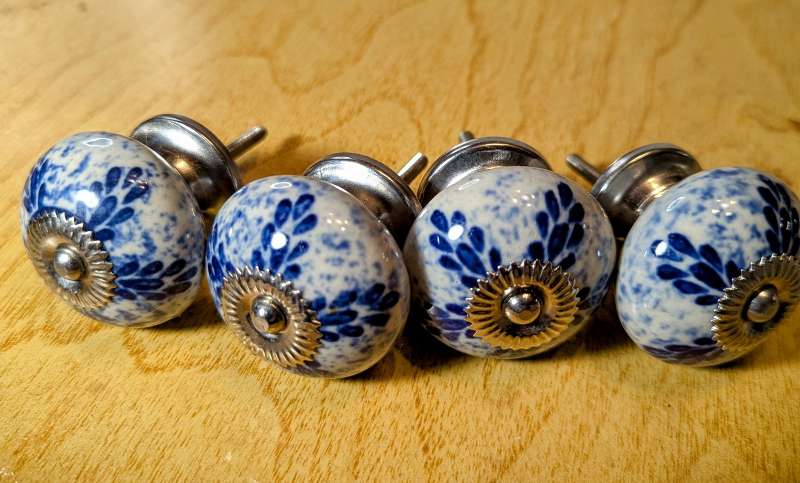 Set Of 4 Ceramic Drawer Cabinet Knobs White With Blue Design – 4 sets available