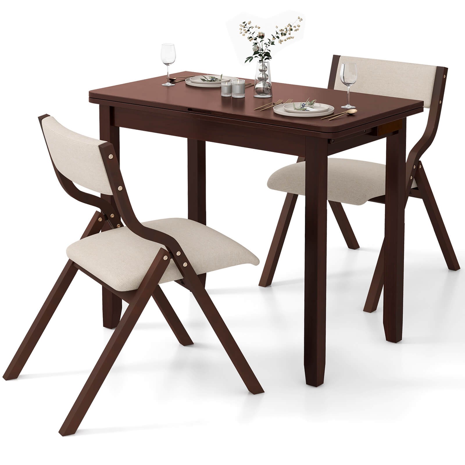 Kitchen Table Set for 2 w/ Expandable Dining Table 2 Upholstered Folding Chairs