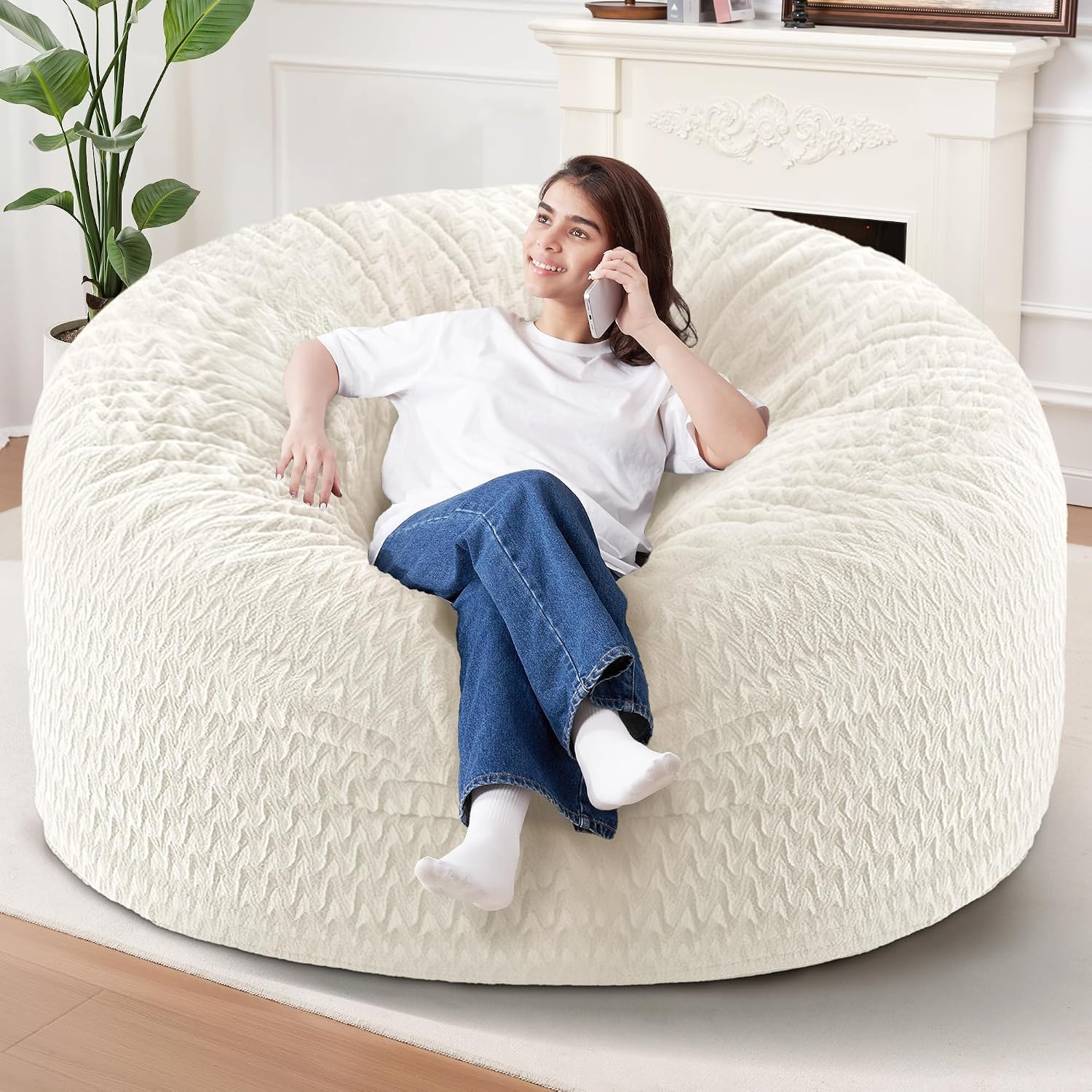 6FT Memory Foam Bean Bag Chair for Adults Plush Cover Large Lounge Seat White