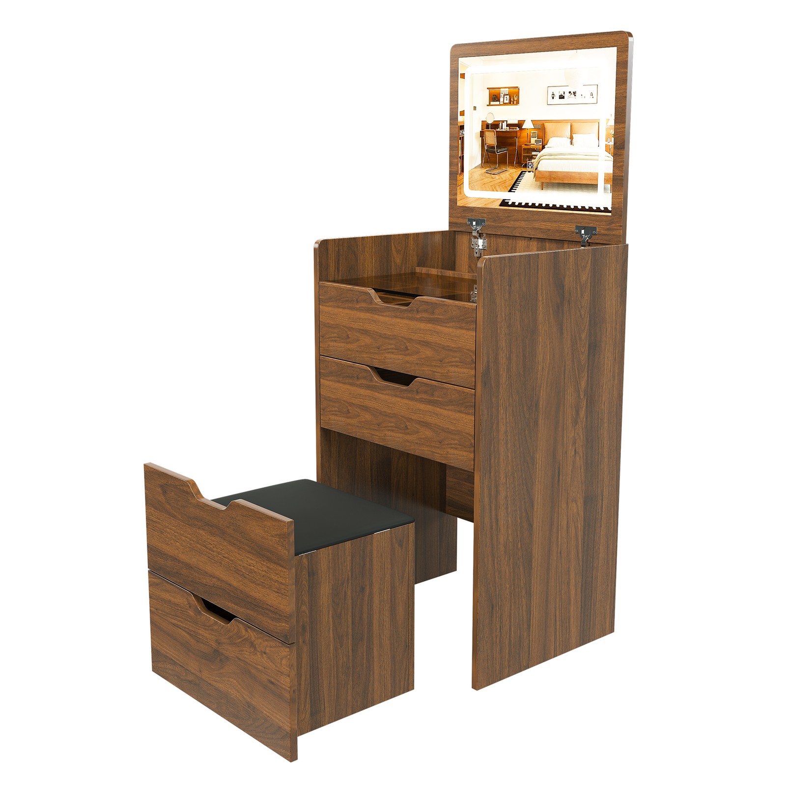 3-in-1 Vanity Desk with Lighted Mirror and Stool Flip Top Makeup Dressing Table
