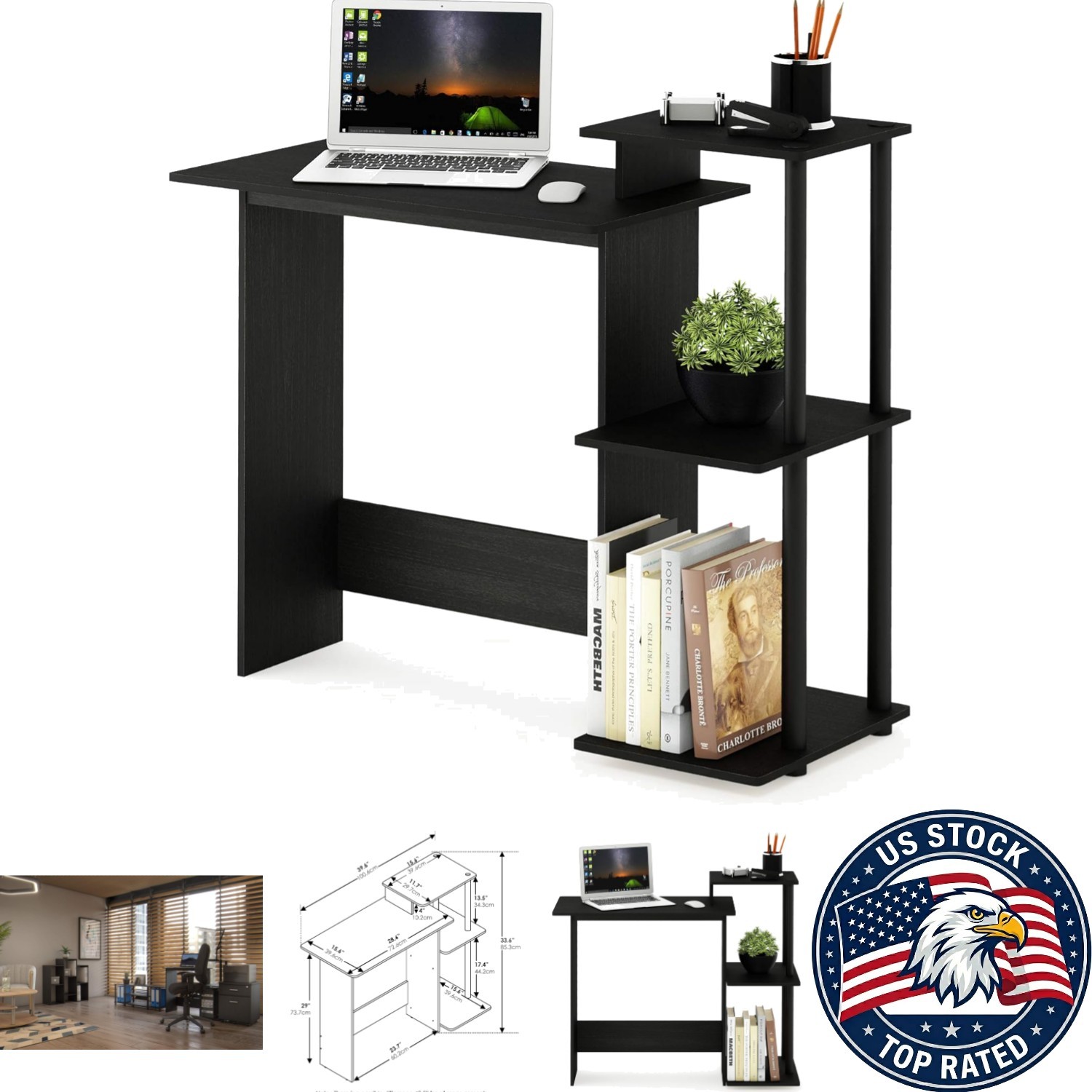 Compact 28.6″ Americano Gaming Desk with 3 Shelves – Perfect for Home Offices