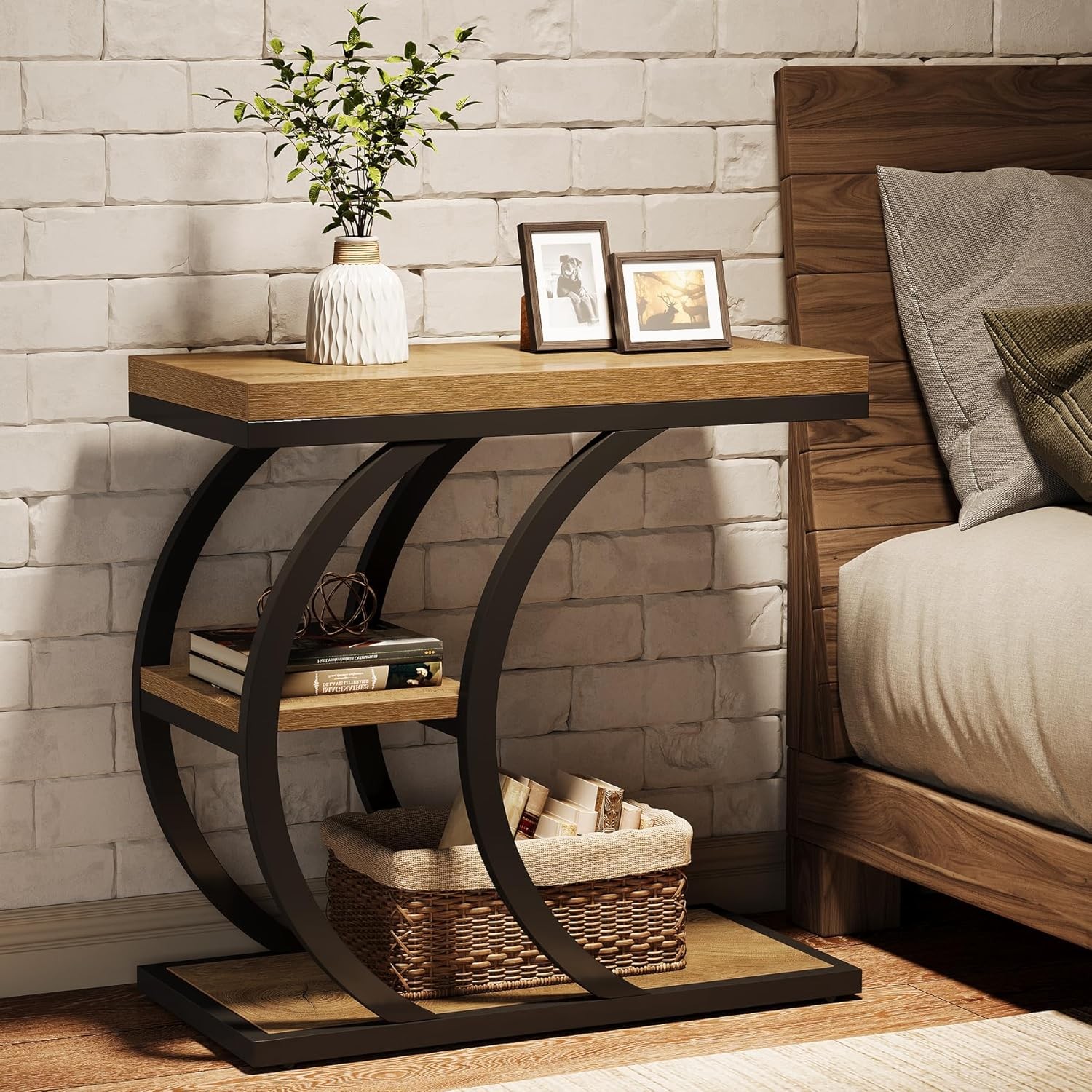 3-Tier C-Shaped End Table Industrial Narrow Wood Couch Side Table for LivingRoom