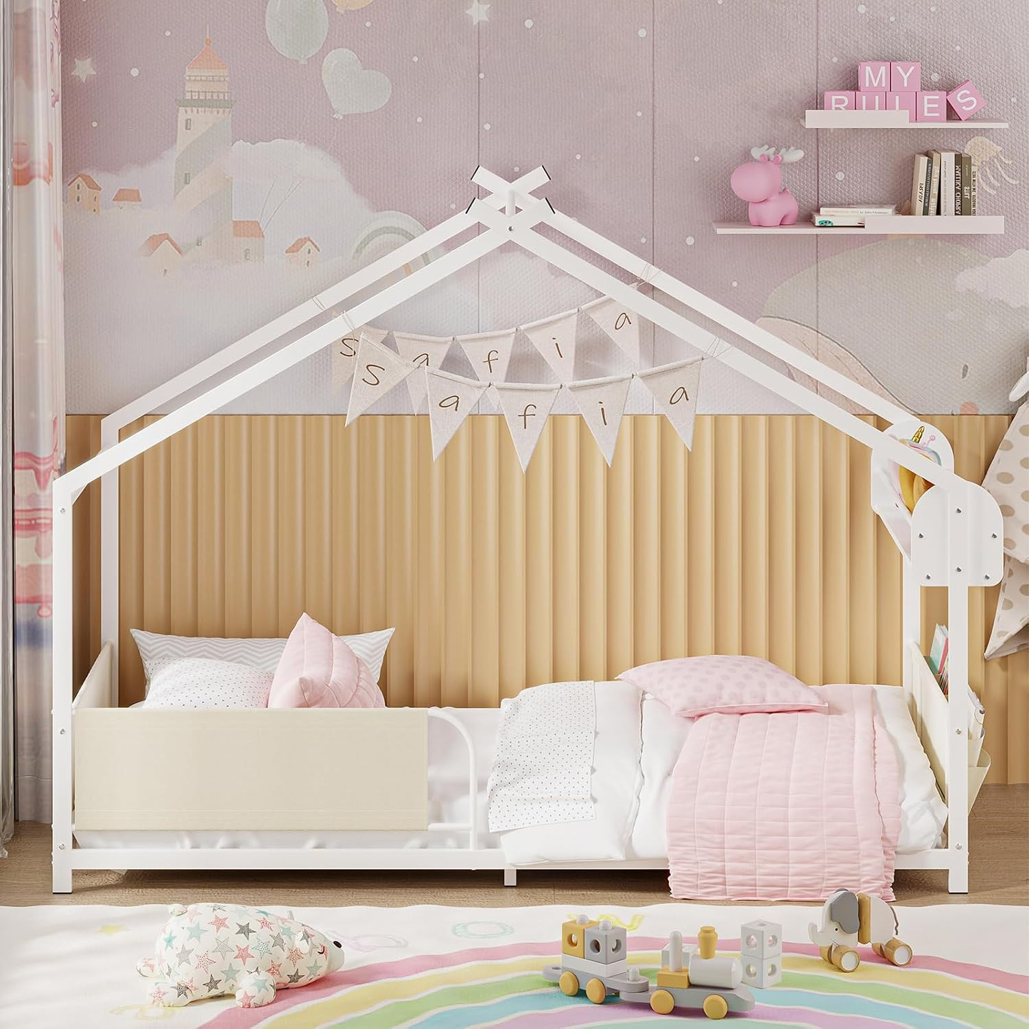 Twin Size House Bed with Storage Rack and Caddy Montessori House Shape Bed Metal