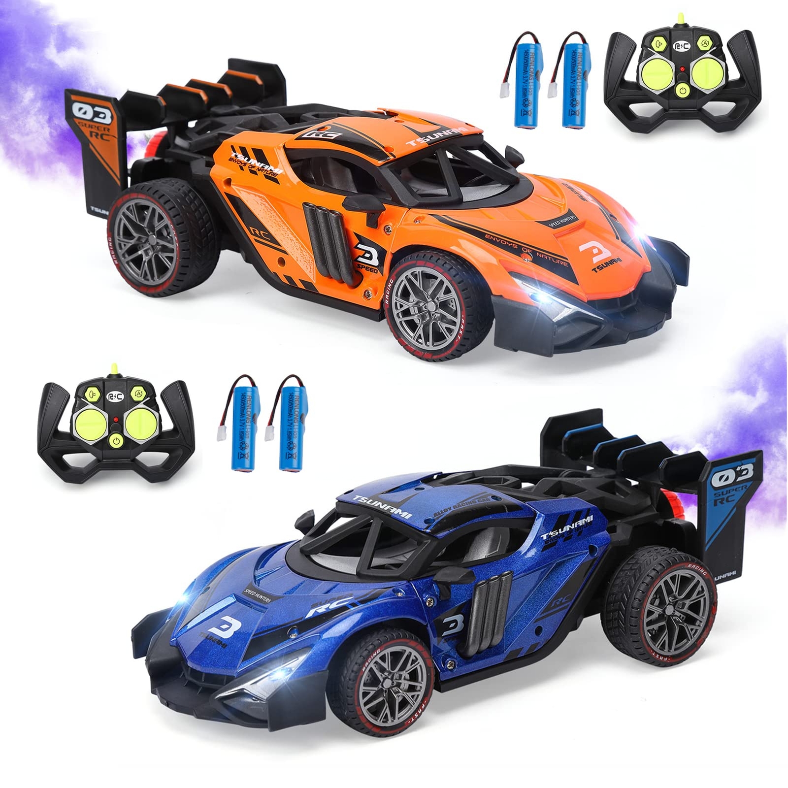 2 Pack Remote Control Drift Car With Spray and Light,2.4GHZ 4WD Off Road Toy Car