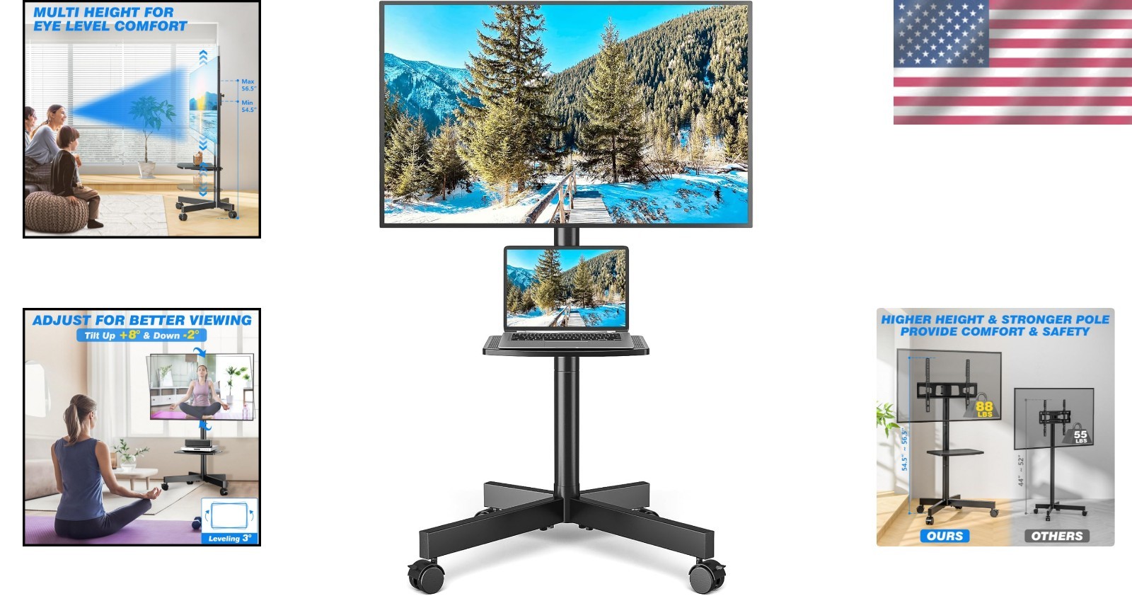 Height Adjustable Rolling TV Stand for 23-65 inch TVs – Portable & Stylish