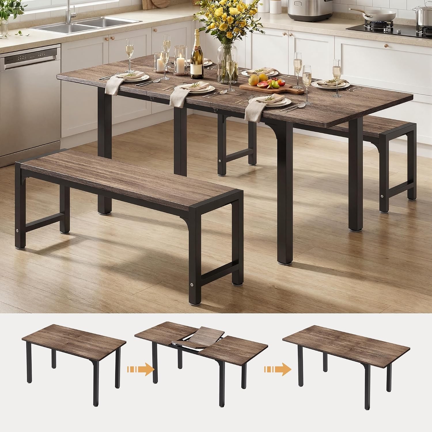 63“ Extendable Dining Table Set with 180° Smart-Flip Pivot, Grey | dining room
