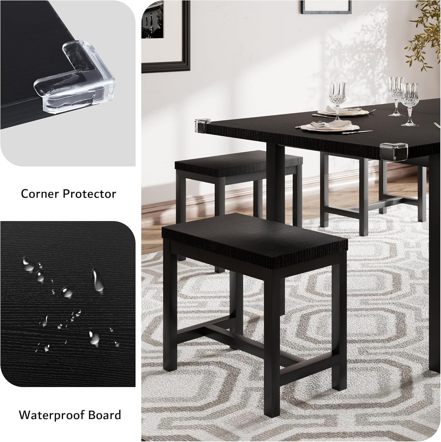 7-Piece Extendable Dining Table Set with 6 Stools, 63″ Kitchen Table Set for