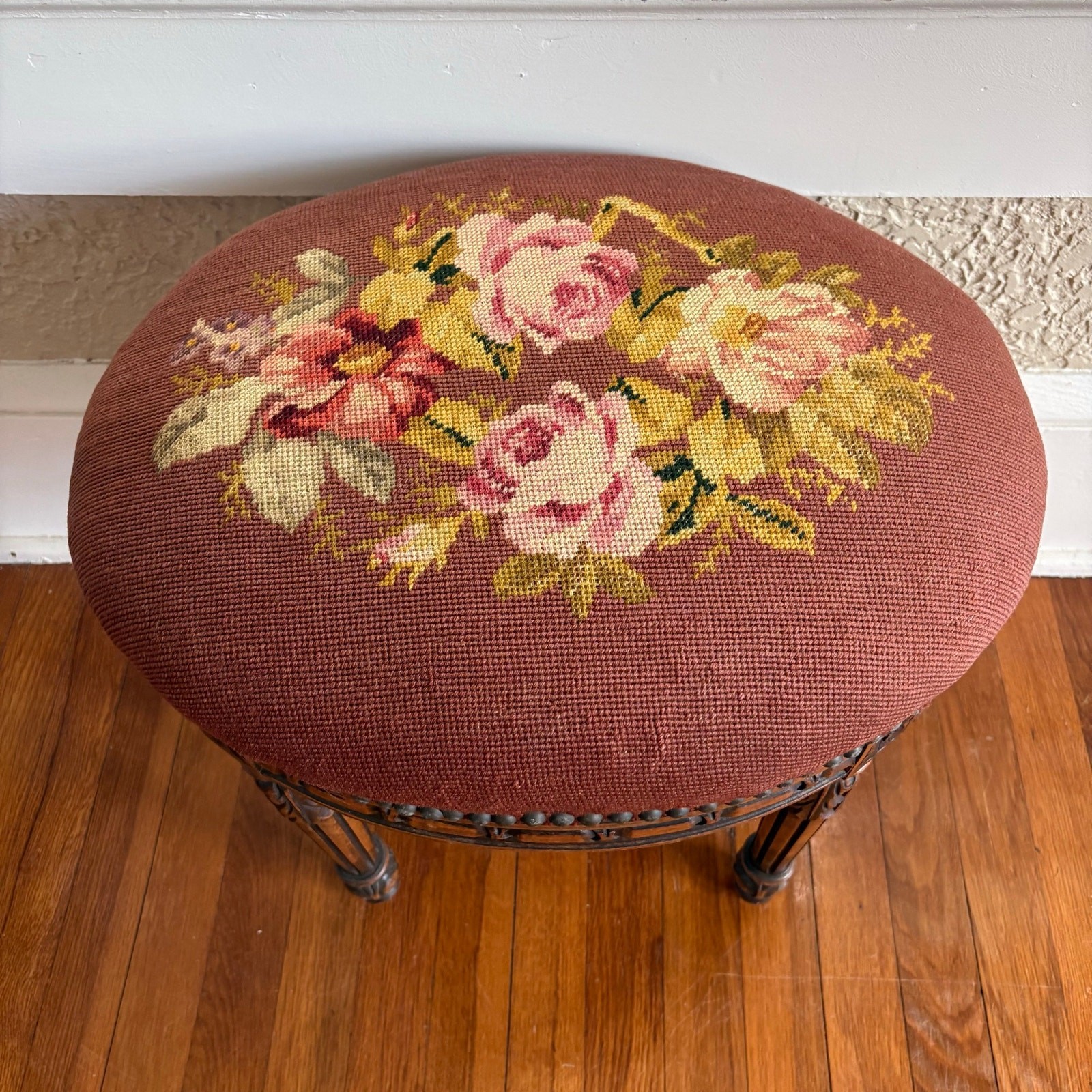 Vintage Louis XVI Style Needlepoint Footstool with Carved Wood Frame