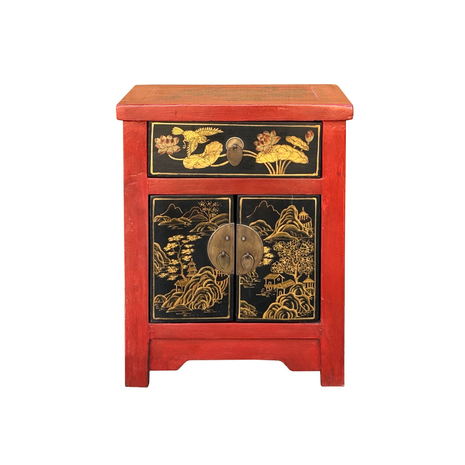Oriental Distressed Red Black Golden Graphic Side End Table Nightstand cs7695