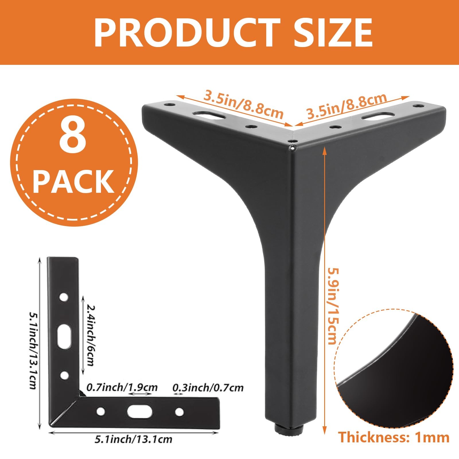8 PCS 6 Inch Metal Furniture Legs Triangle Feet Modern Matte Black Couch
