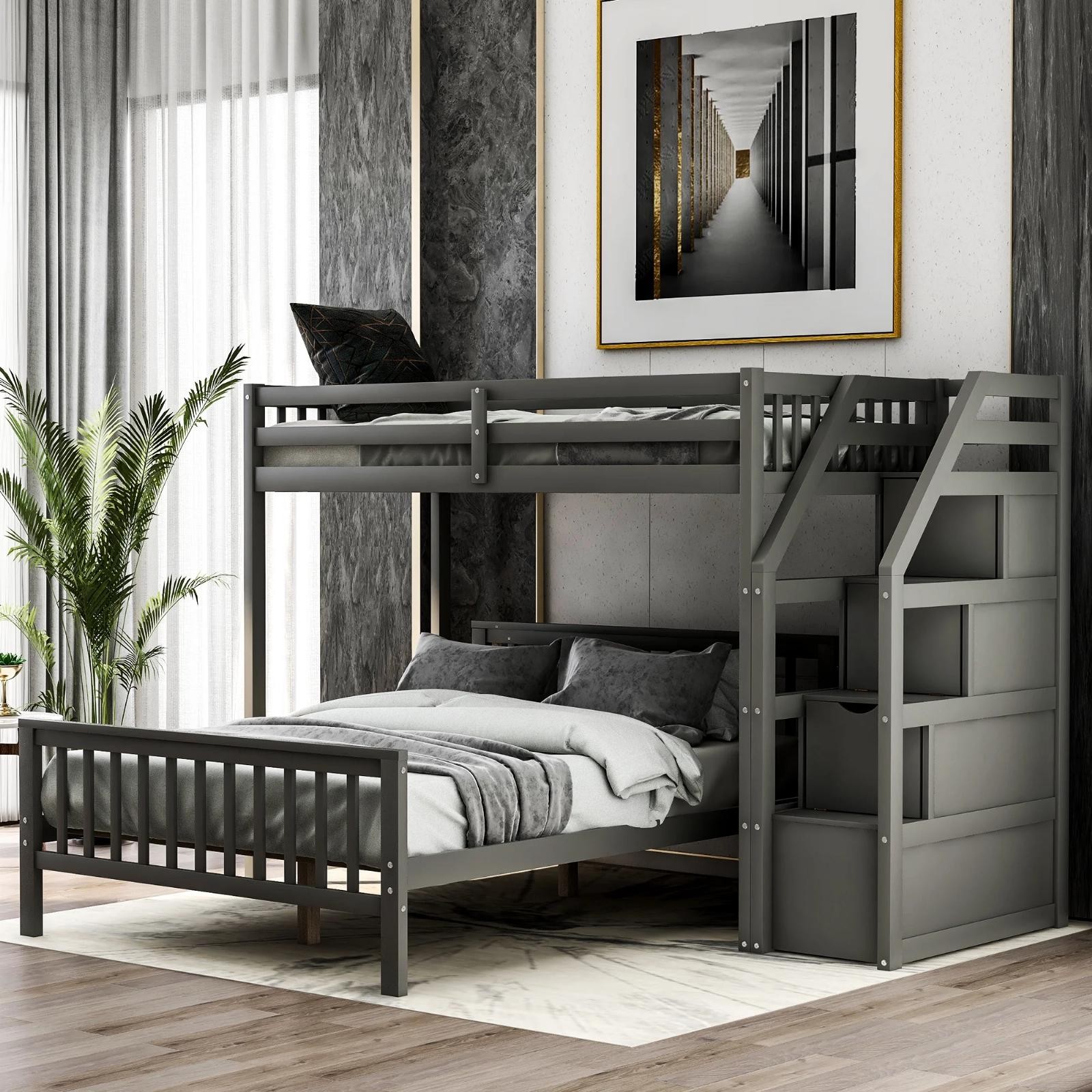 Twin Over Full Bunk Bed Loft Bed With Moveable Platform Bed & Storage Staircase