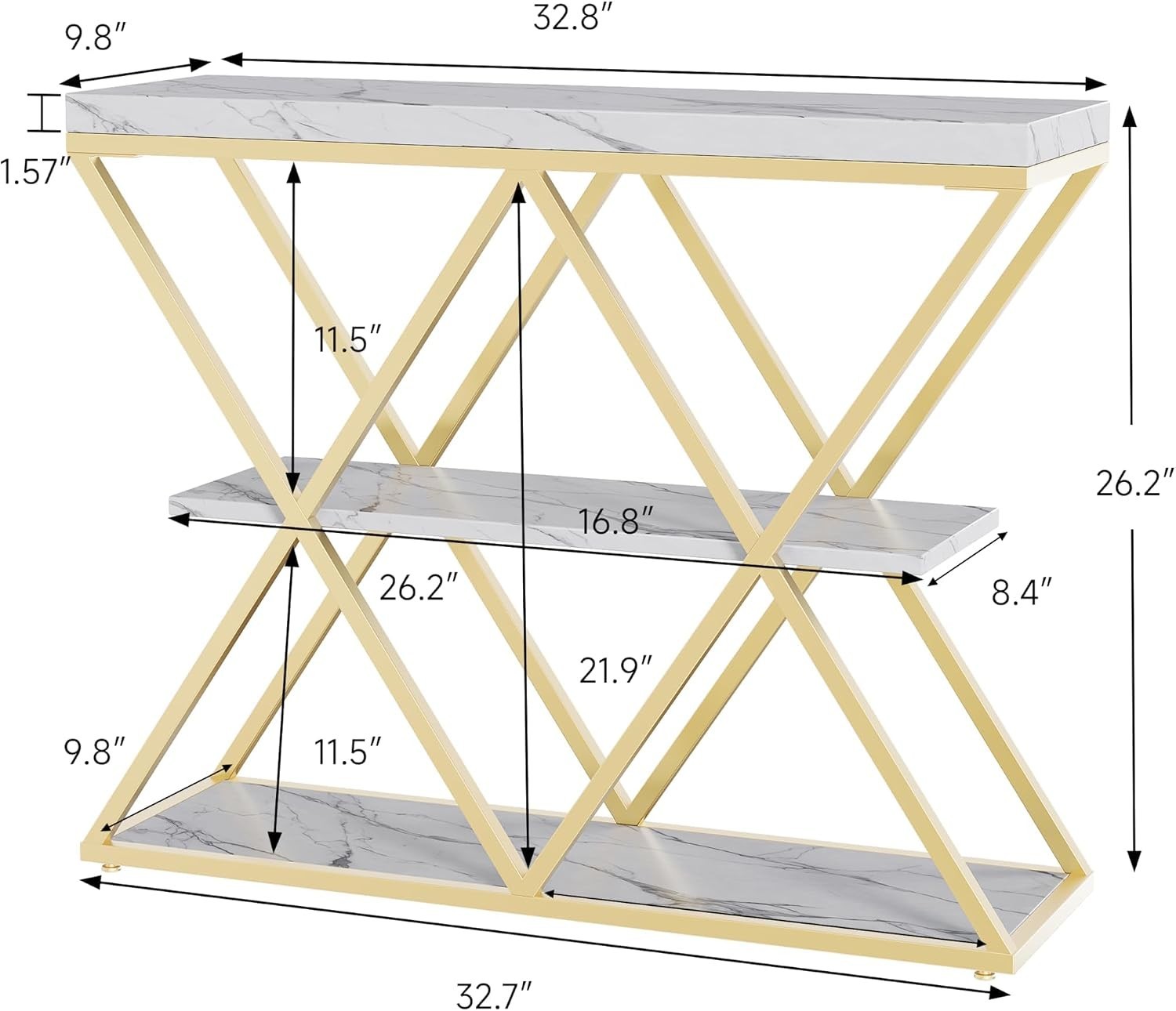 3-Tier Entryway Table with x-Shaped Metal Frame Open Shelf Console Sofa Table