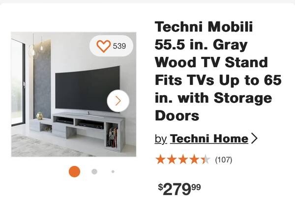 Techni Mobili Gray Wood 55.5in Adjustable TV Stand Up To 65in w/storage Drawers