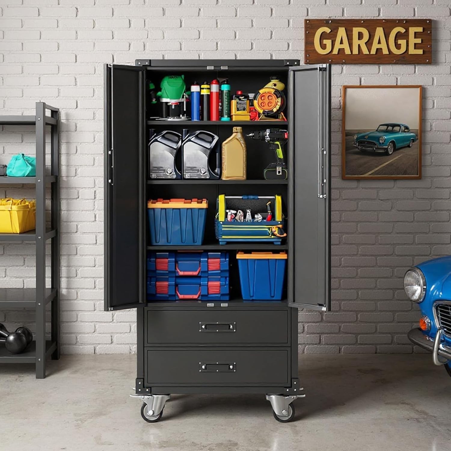 67” Metal Storage Cabinet on Wheels with Doors and Shelves Tall Garage Cabinet