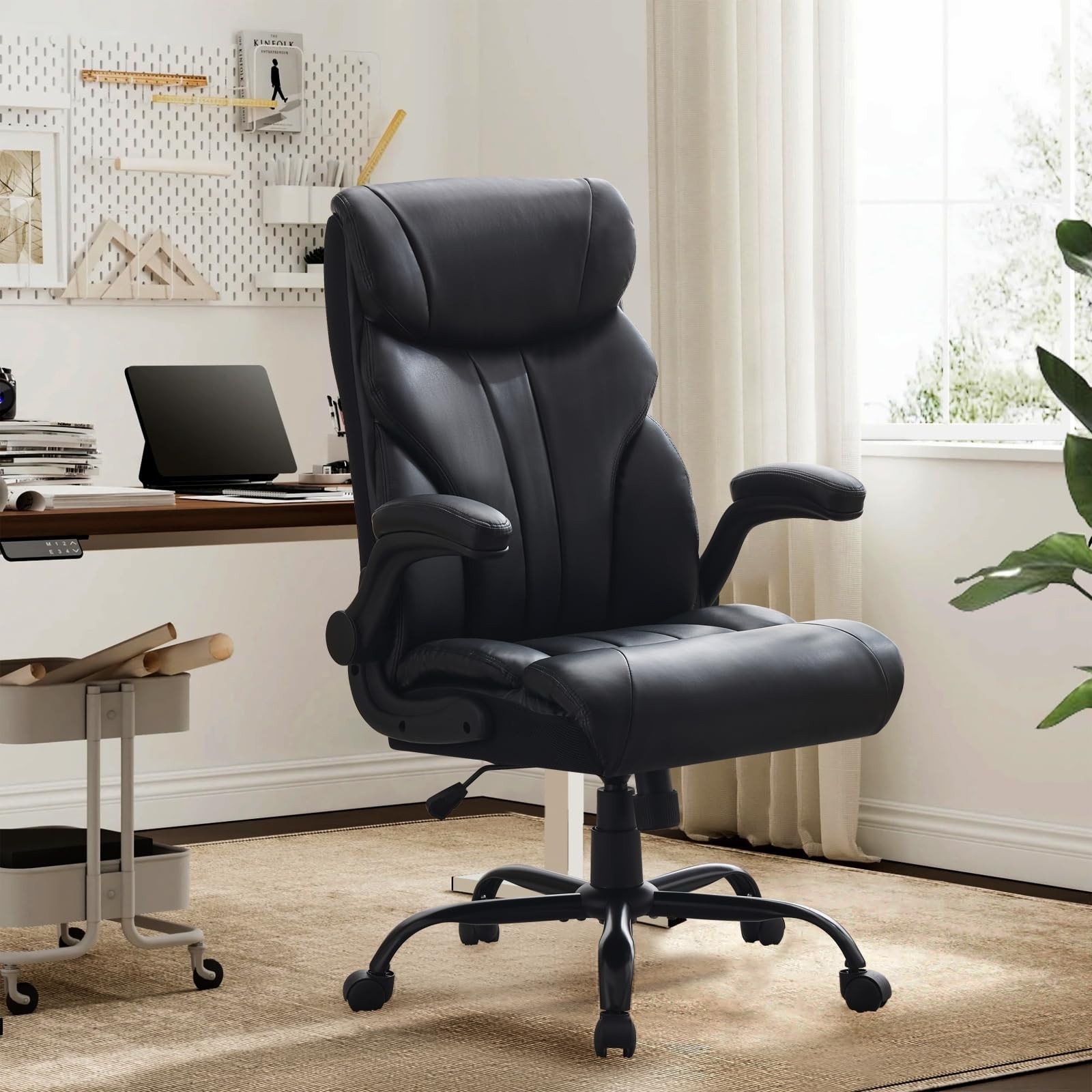 Big and Tall Leather Computer Chair, Flip-up Arms, 500lb, 360 Wheels, Recline