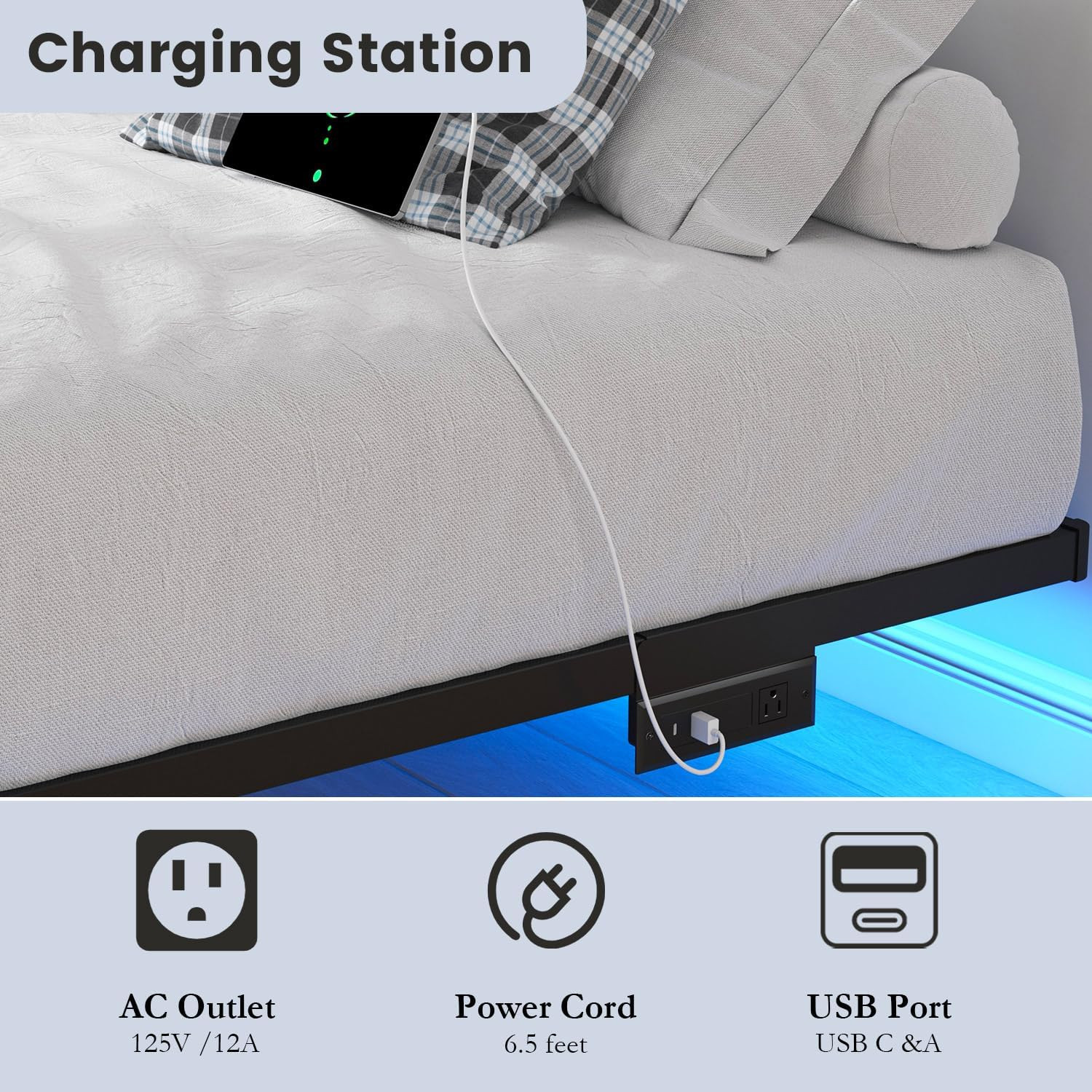 Queen Floating Bed Frame with LED Lights & Charging Station – No Box Spring Need