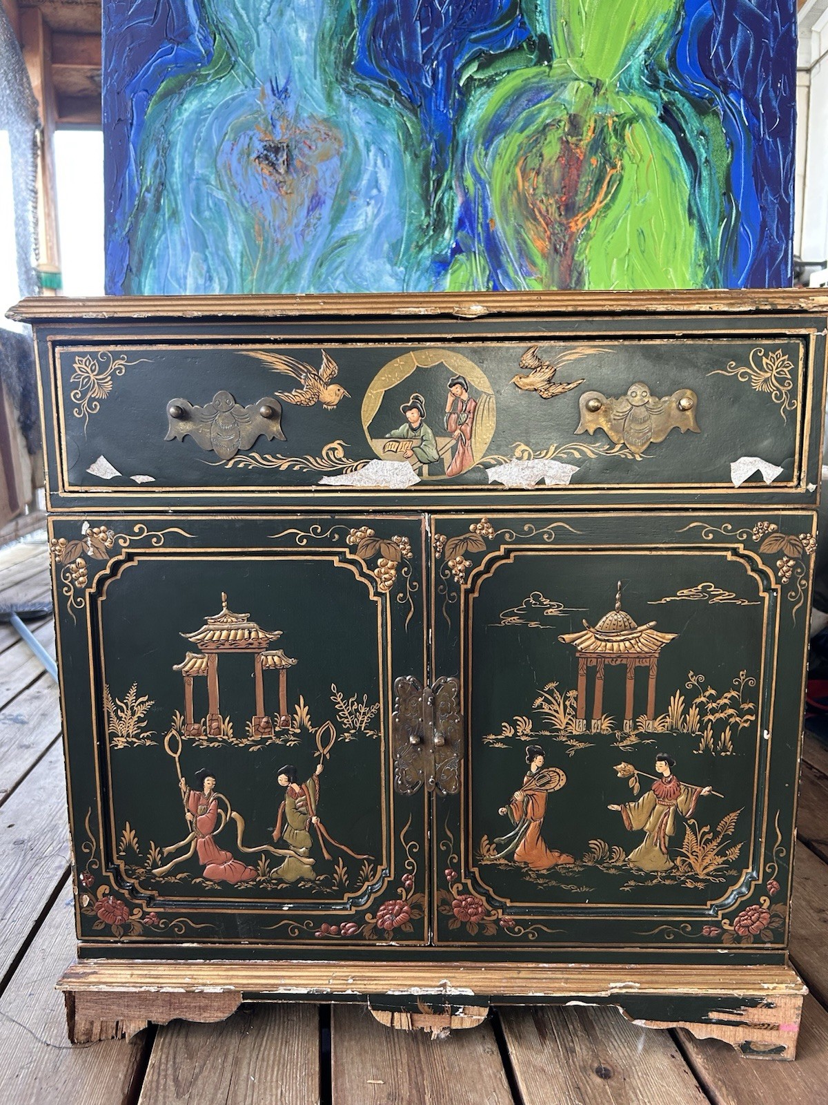 Asian/Oriental Painted Wood Cabinet 2-Door 1-Drawer Freestanding 25x30x25