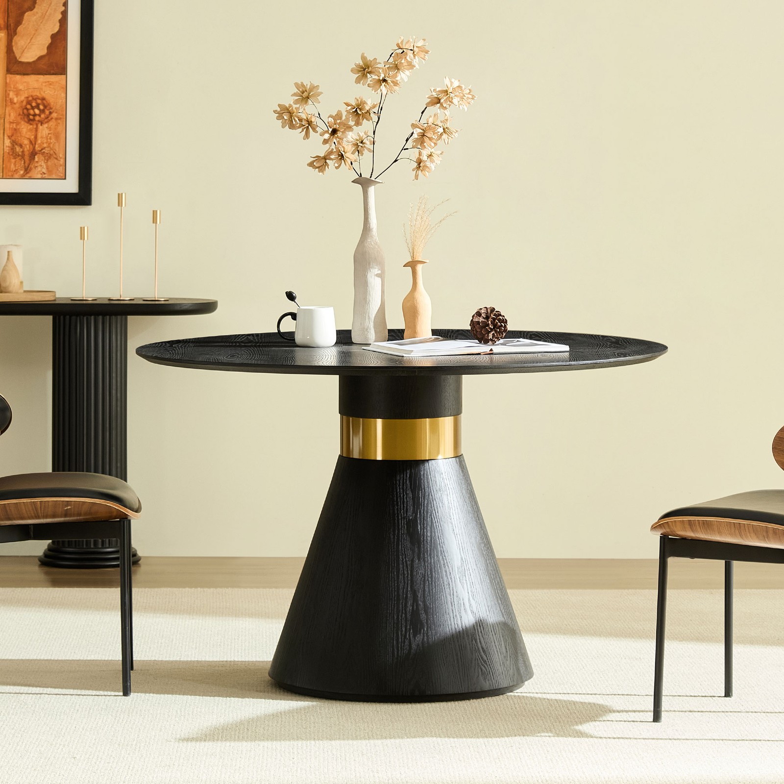 47.24” Round Dining Table Modern Black Pedestal Base with Gold Trim