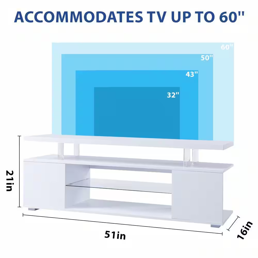White 51 In. Modern TV Stand, Media Console with Large Side Cabinet (Fits Tvs up