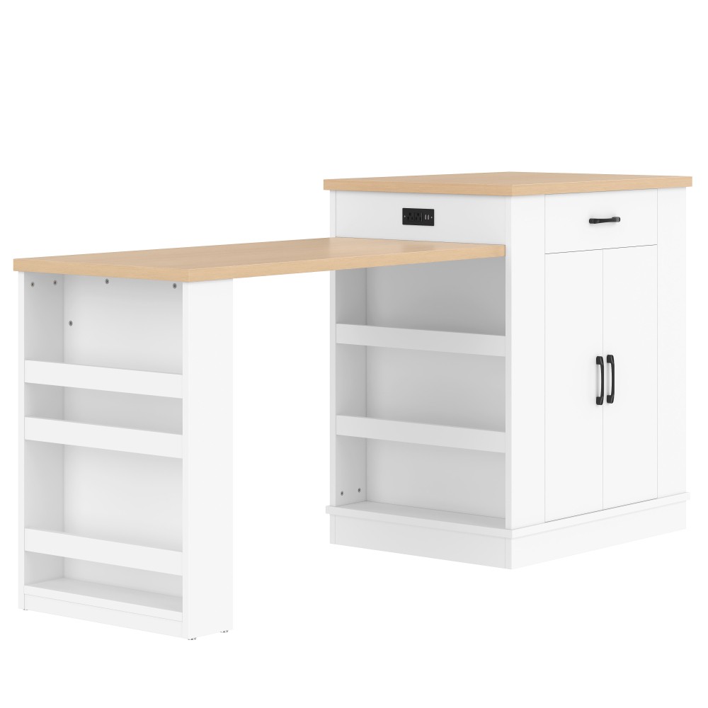 Extendable island console with drawers double door cabinet and open shelving