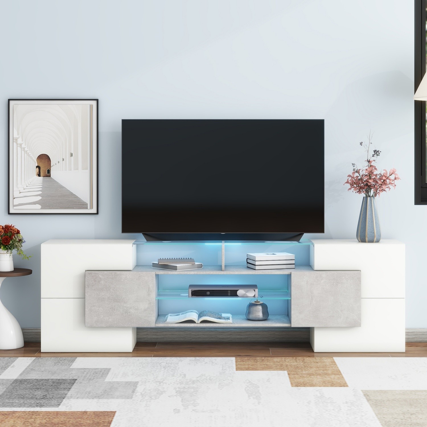 Modern TV Stand for TVs Up to 88in High Gloss Media Console w/ LED Glass Shelves