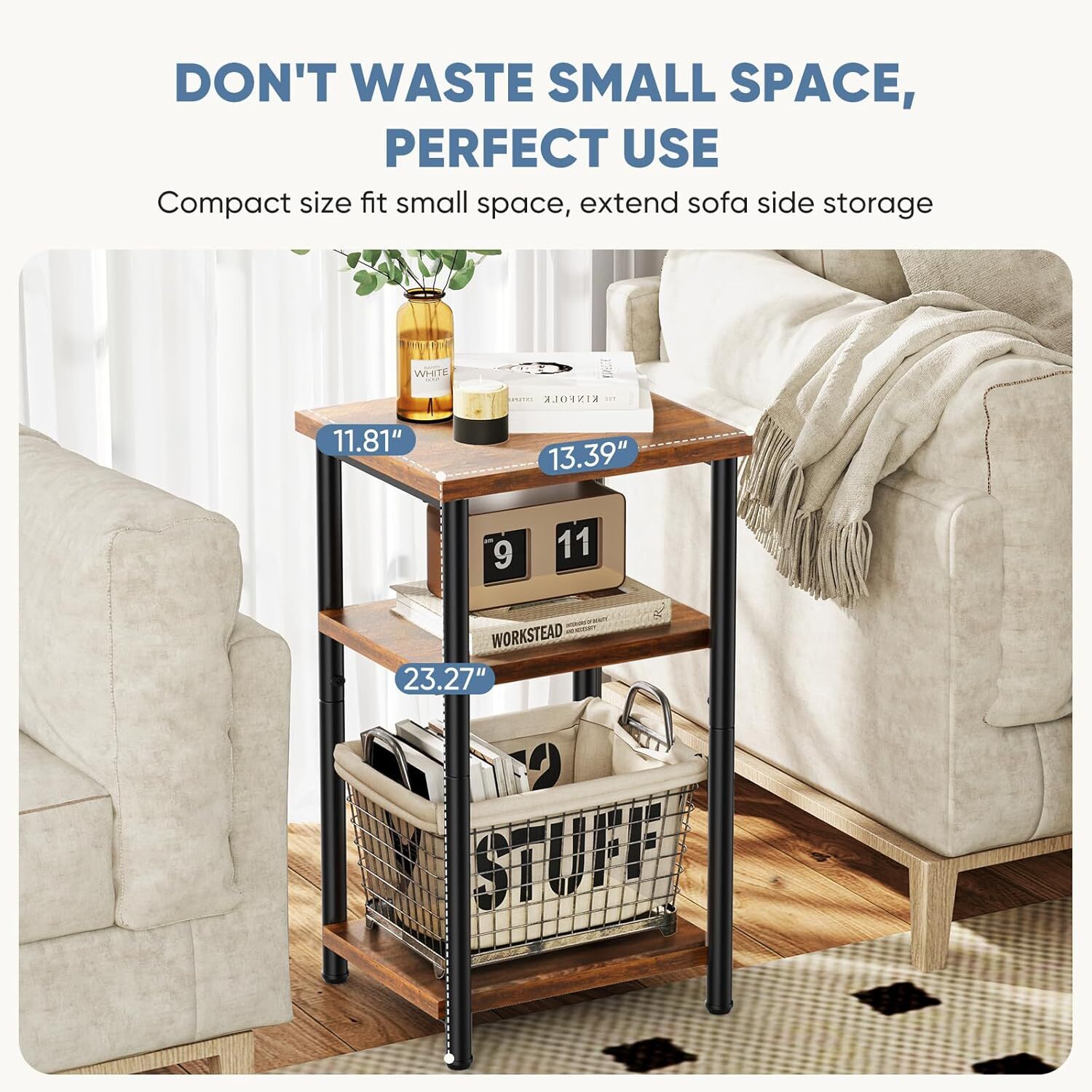 3-Tier End Table Small Side Table Storage Shelf Nightstand with Adjustable Feet