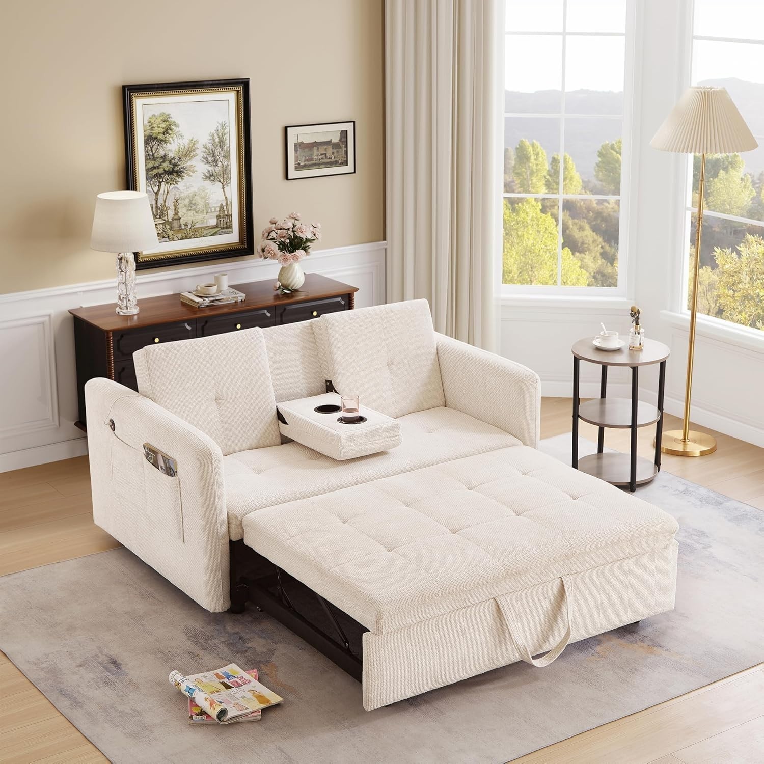 Convertible Sofa Bed With Cup Holder Pull Out Sleeper Sofa Bed USB Charger Port