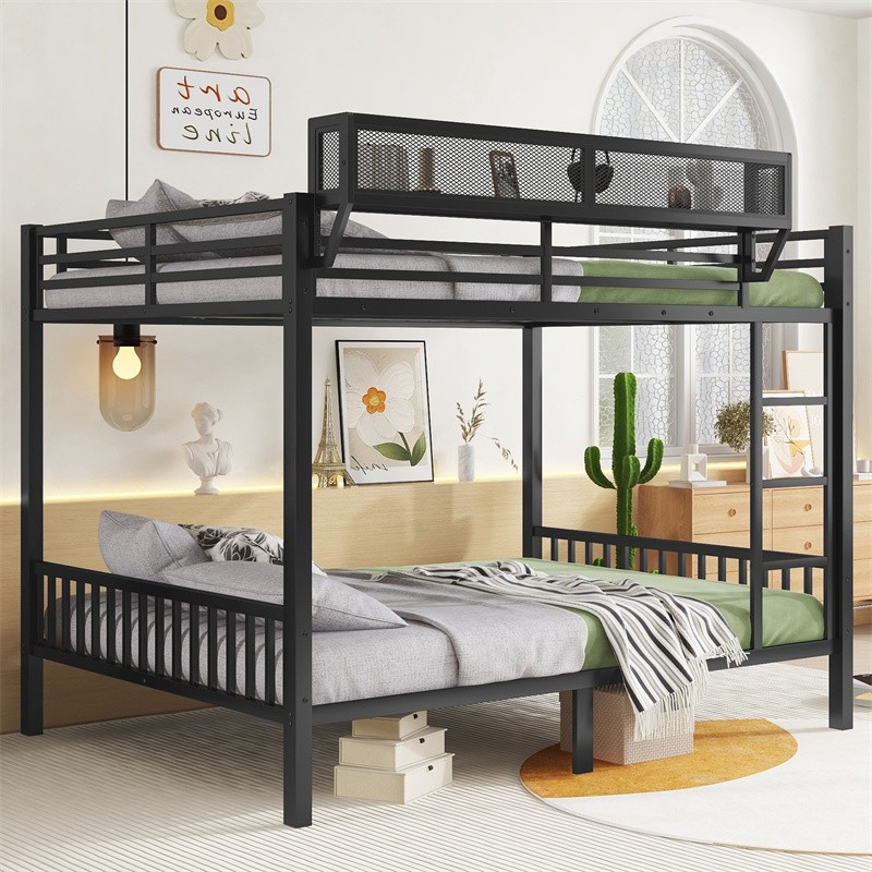 Queen Over Queen Metal Bunk Bed with Full-length Guardrail & Storage Shelf,Black