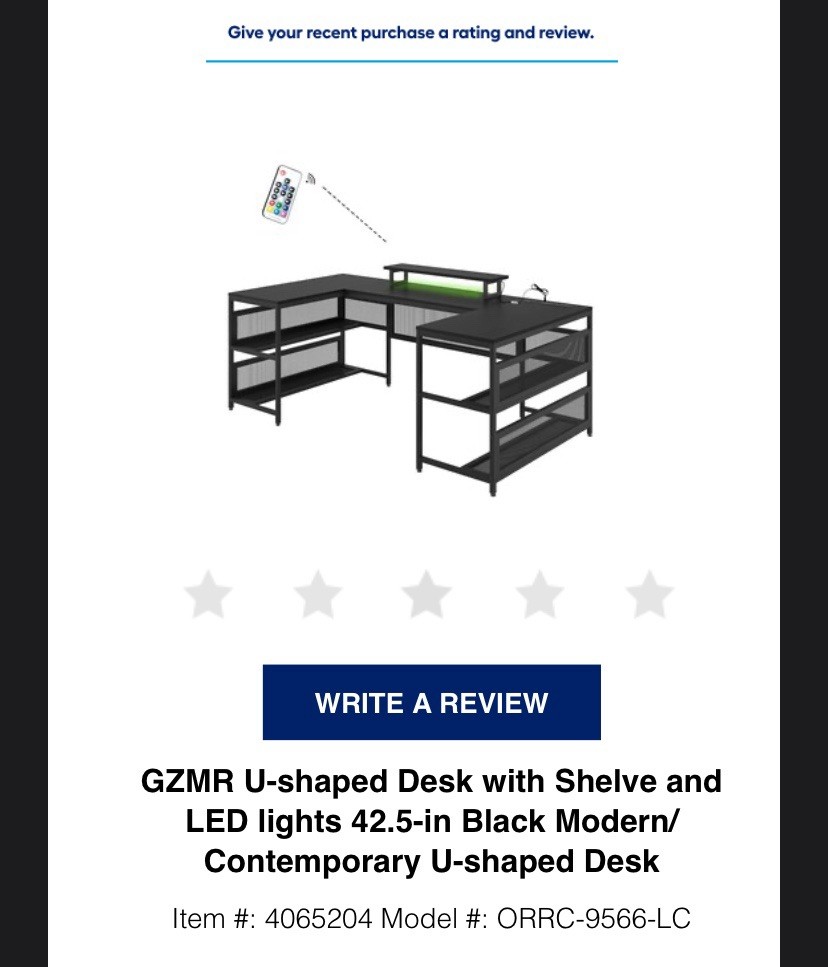 GZMR U-Shaped Desk Black 42.5in w/LED and PowerStrip