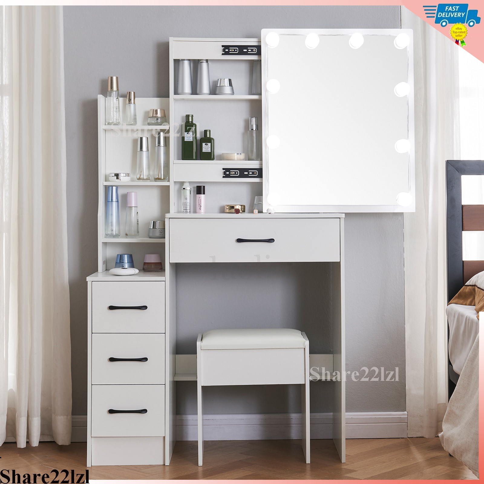 White Sliding Lighted Mirror Vanity Set w/4 Drawers Dressing Table Makeup Stool