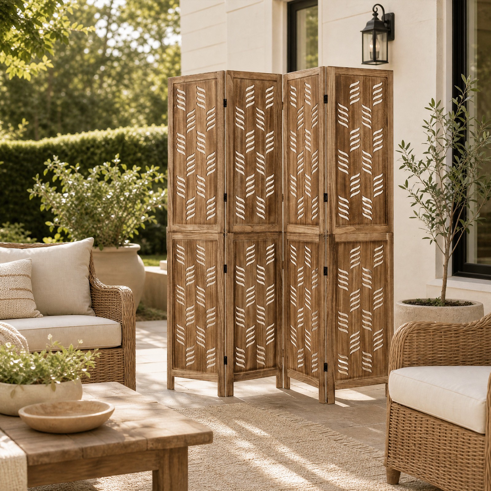 5.5 FT Tall Room Divider w/Paulownia Wood Frame Wave Cutout Pattern 2-Way Hinges