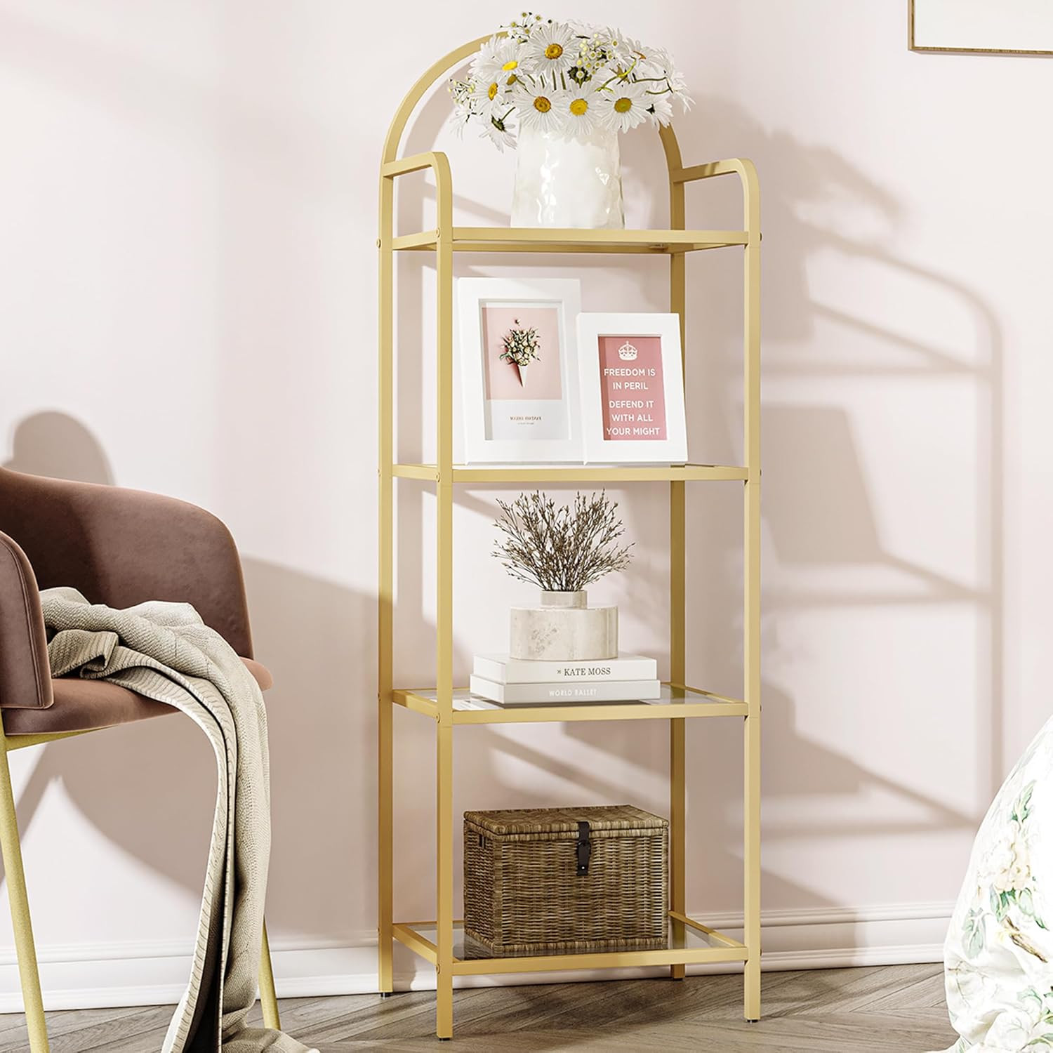 Gold 4-Tier Tempered Glass Bookcase, Slim Steel Shelving Unit for Home Office