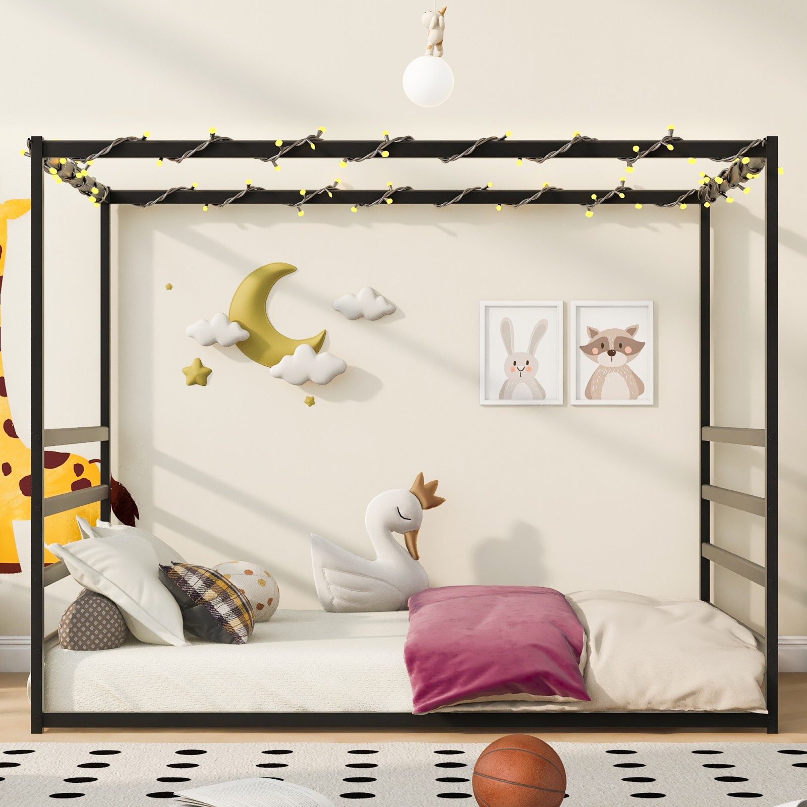 Queen Size Iron Floor Bed Frame with Guardrails, Low Profile