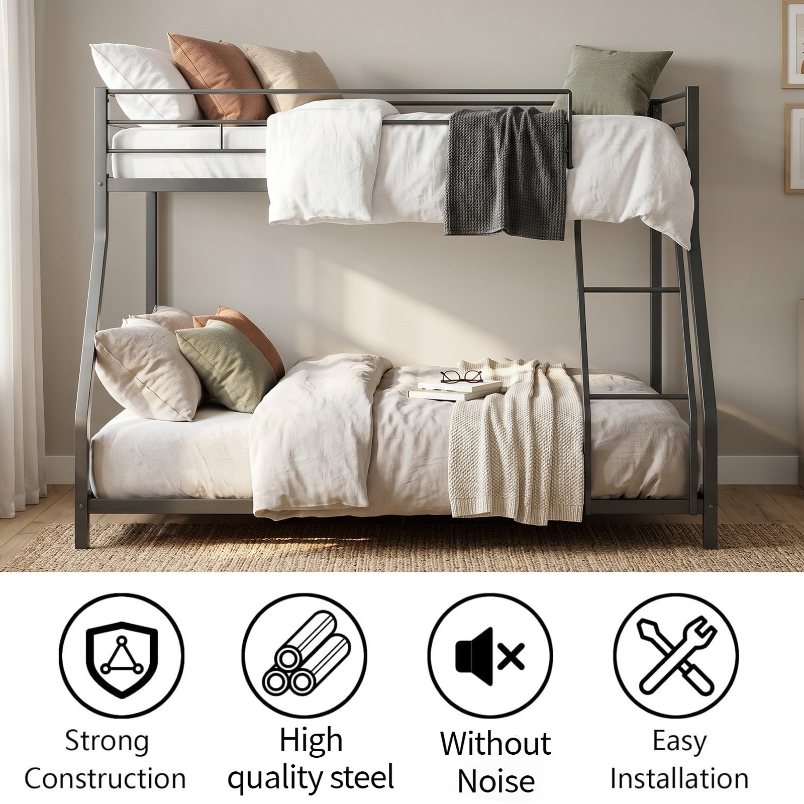 Bunk Bed Twin Over Full Metal Frame with Inclined Ladder Safety Guardrail