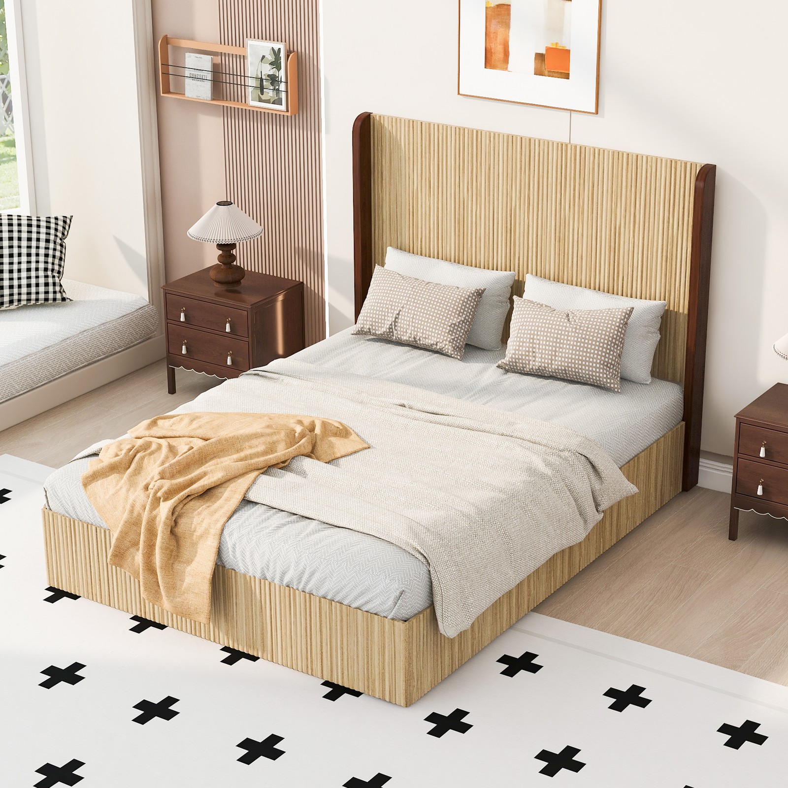 Queen Platform Bed Frame with Headboard, Natural Wood Finish