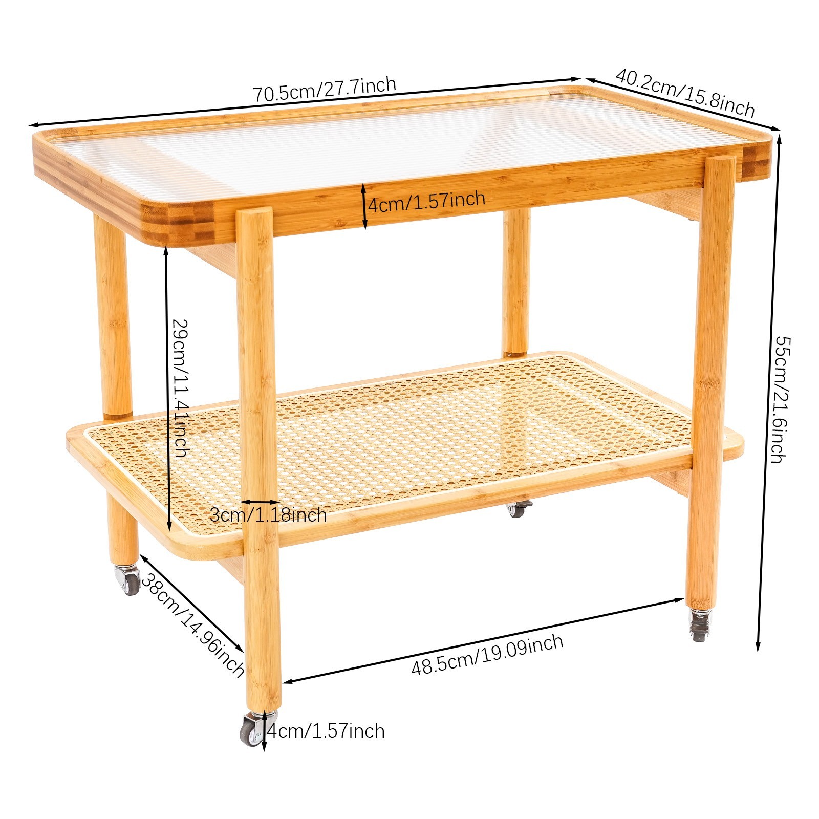 Tempered Glass, Resin, Bamboo Coffee Table with Wheels, 2 Shelves Sofa Table