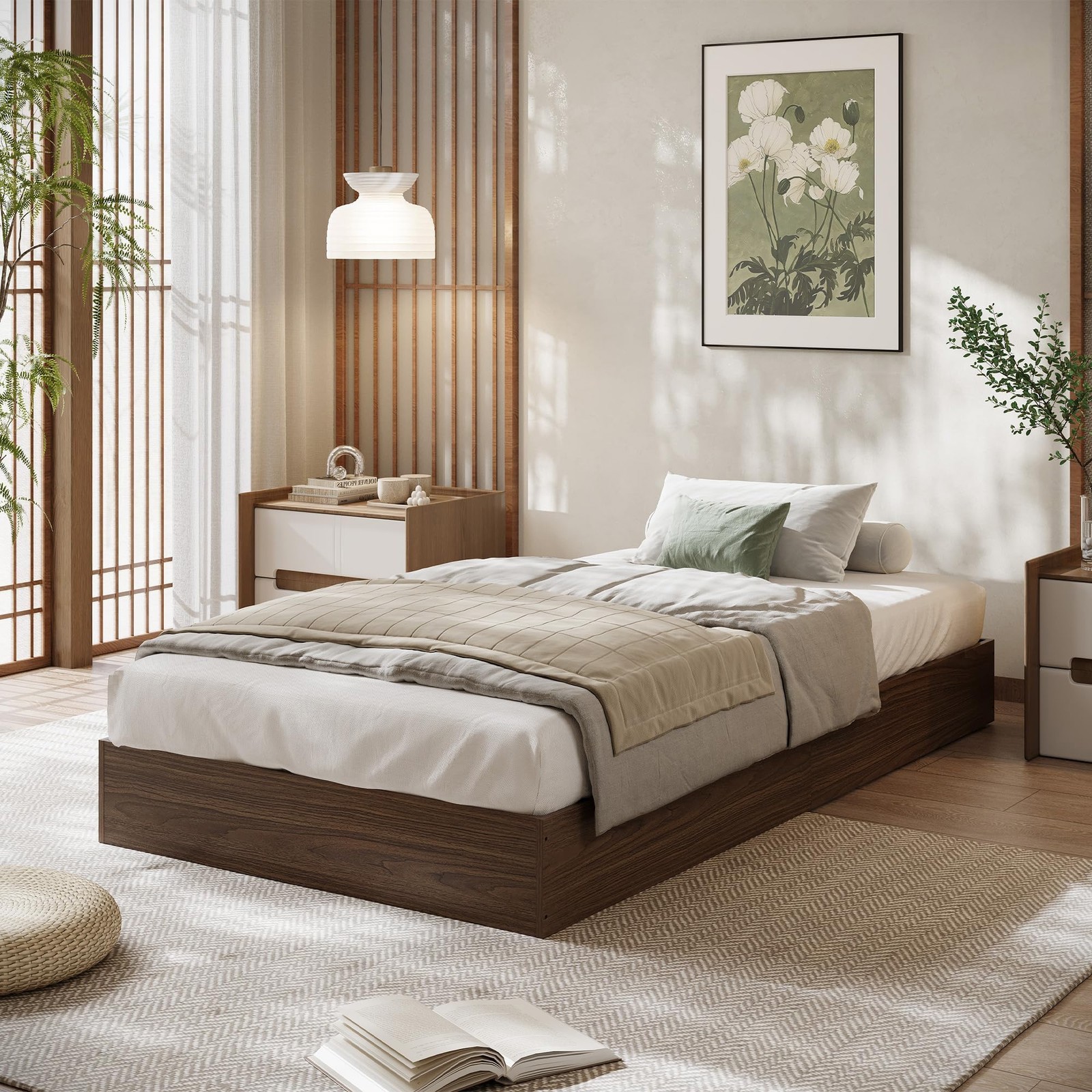 Wood Platform Bed Frame Queen Size Without Headboard Low Profile Floor Bed Frame
