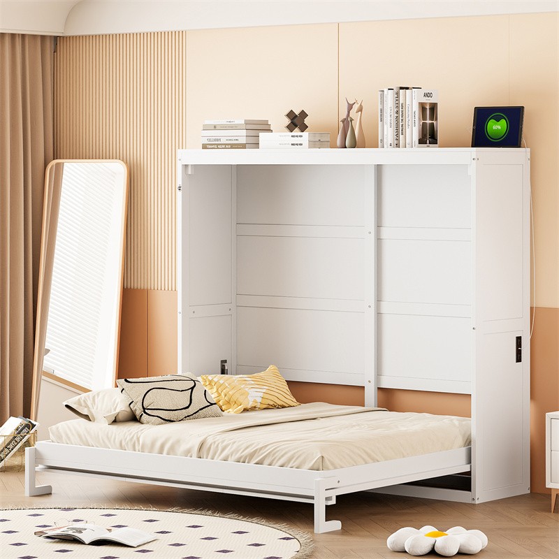 Full Size Murphy Bed Wall Bed with UBS Port for Small Apartment or Studio,White
