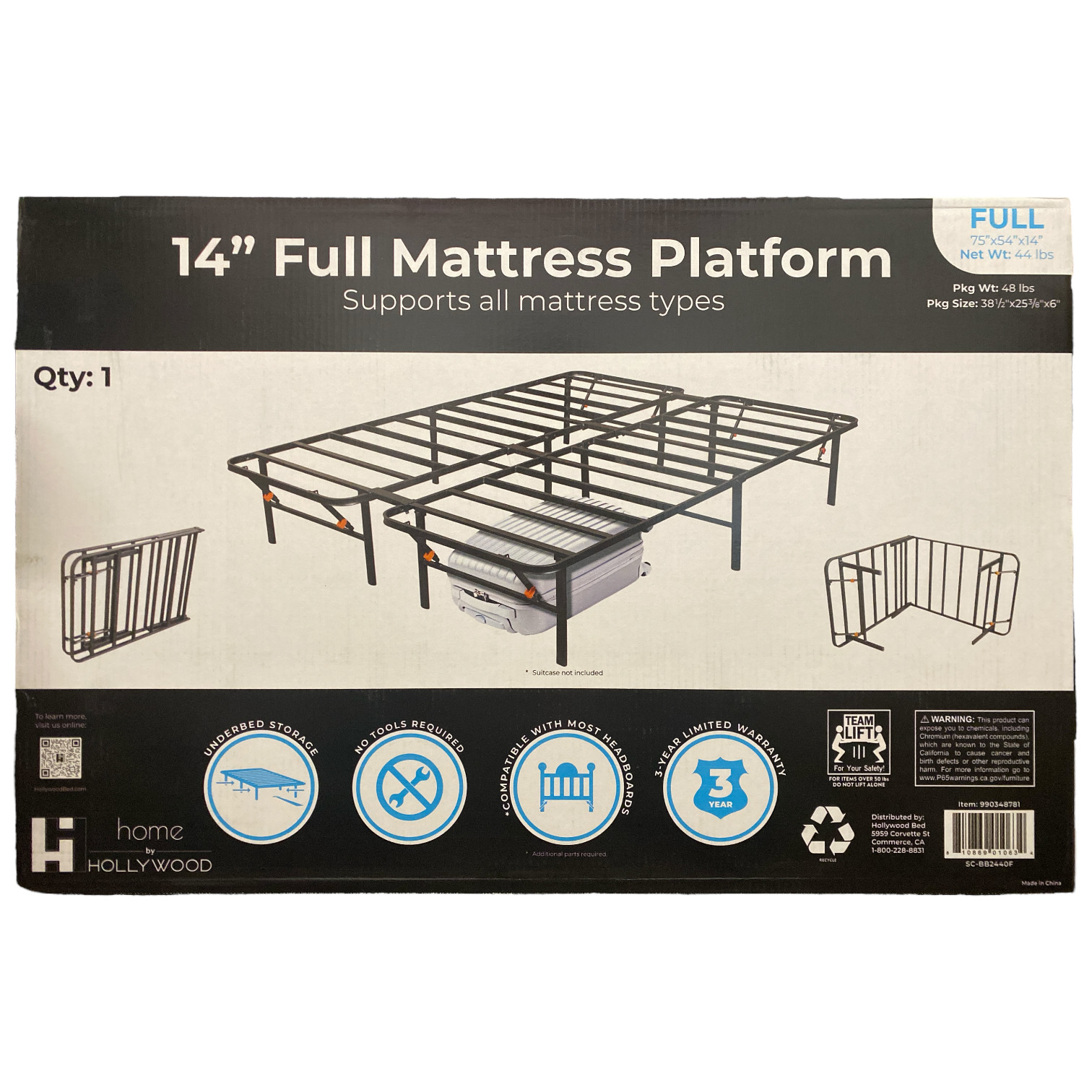 Home by Hollywood Full Mattress Platform with Underbed Storage, 14″