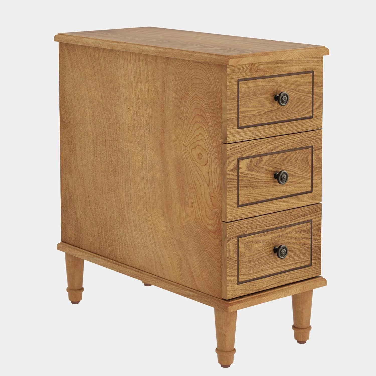 Solid Wood End Table, Fully Assembled Narrow Slim Side Table with 3 Drawers